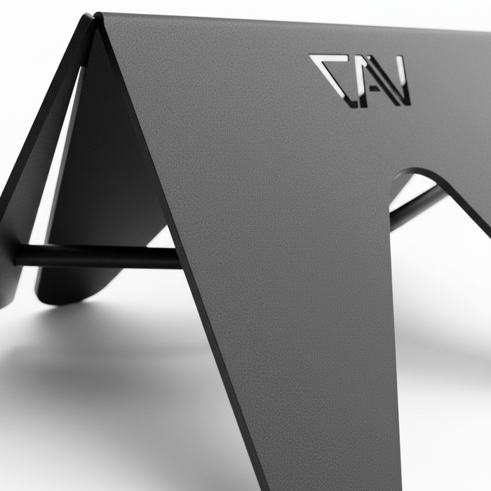 Close-up of CAV magnetic bike stand with matte black finish and angular design.
