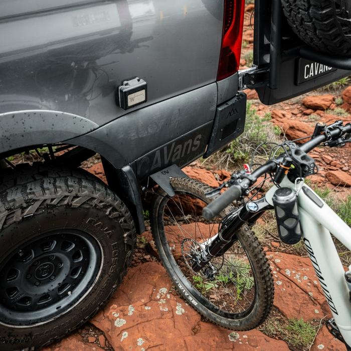 CAV Magnetic Bike Stand mounted to rear of van with mountain bike secured
