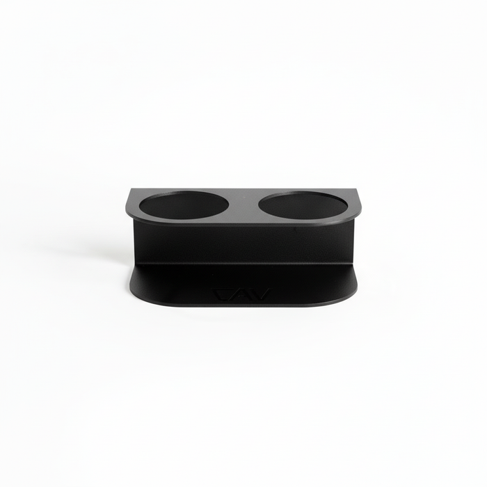 Black CAV magnetic dual cupholder with two slots, shown against white background.