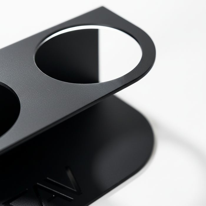 Close-up of black magnetic dual cupholder with sleek finish, designed for van interiors
