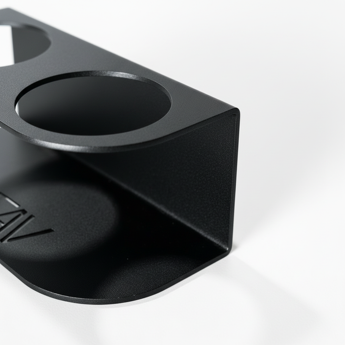Close-up of black CAV Magnetic Dual Cupholder showing cup slots and sleek metal finish