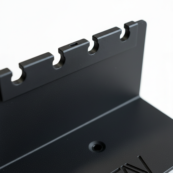 Close-up of black magnetic fly rod holder with grooved slots and matte finish.