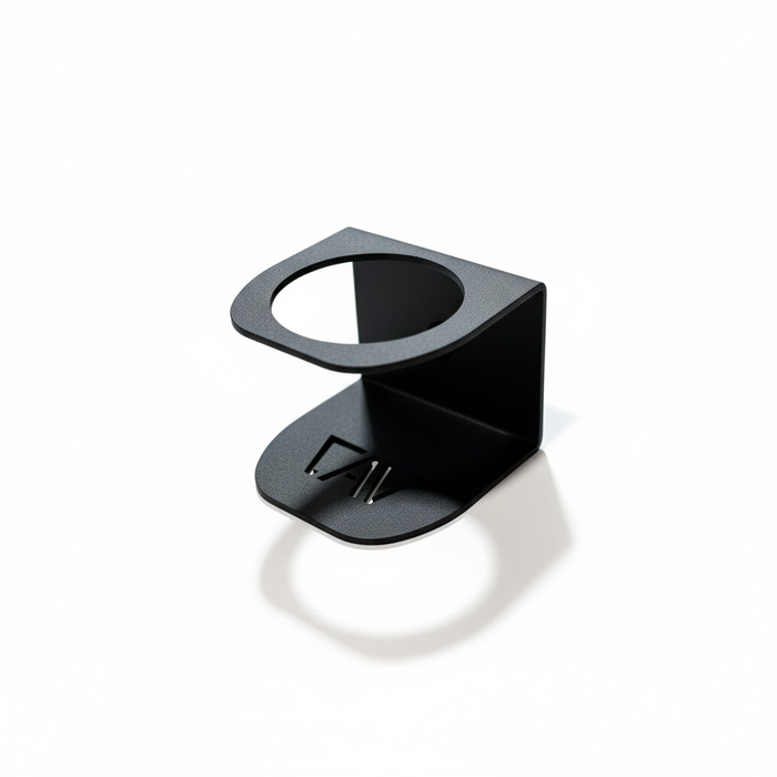 Magnetic Solo Cupholder by GH1 shown in black with a sleek, angled design and cutout for cup placement.