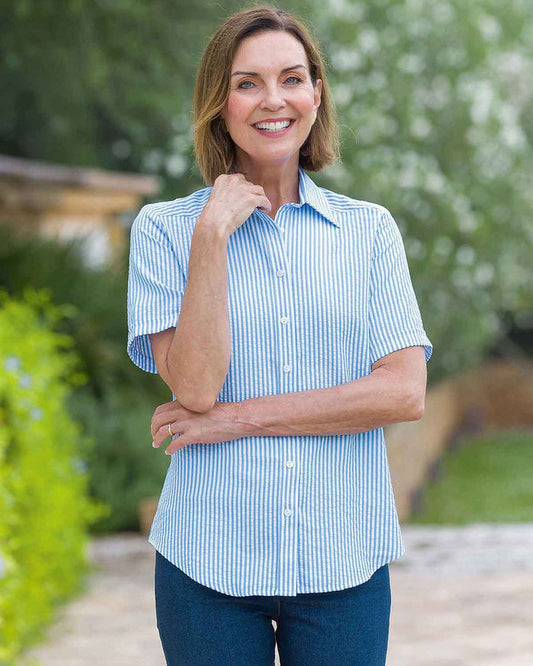 Maryanne Striped Cotton Mix Short Sleeve Blouse - Blue - Country Collection