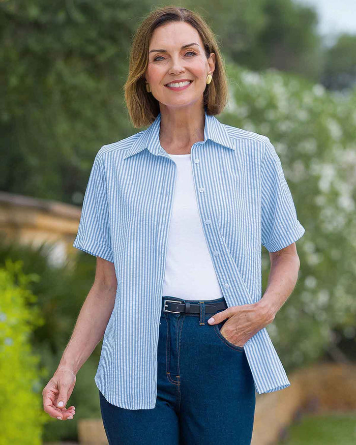 Maryanne Blue Striped Cotton Mix Short Sleeve Blouse - Image 2 - Country Collection