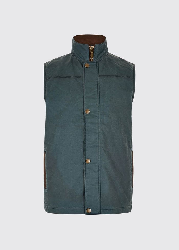 Waist up view of a Dubarry Mayfly wax gilet jacket for men, dark pebble blue green coloured gilet with full zip closed with buttons along the zip.
