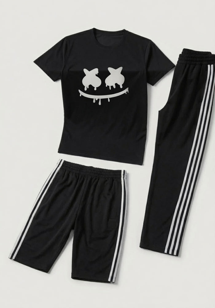 Men's Black Graphic Printed T-Shirt with Black Stripe Trouser Co-Ord Set -3 PIECE