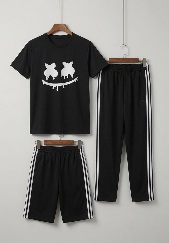 Men's Black Graphic Printed T-Shirt with Black Stripe Trouser Co-Ord Set -3 PIECE