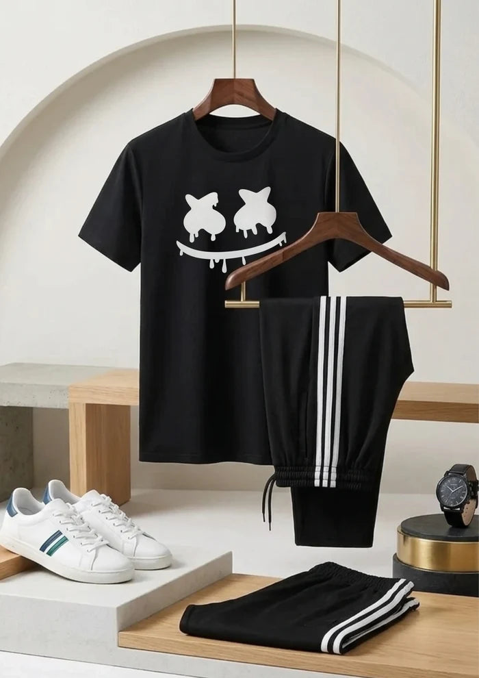 Men's Black Graphic Printed T-Shirt with Black Stripe Trouser Co-Ord Set -3 PIECE