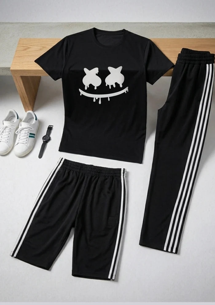 Men's Black Graphic Printed T-Shirt with Black Stripe Trouser Co-Ord Set -3 PIECE