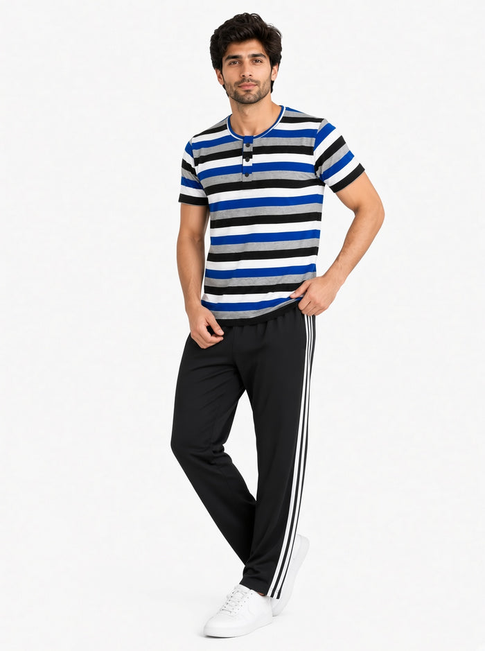 Men's Blue Striped Button Henley T-Shirt