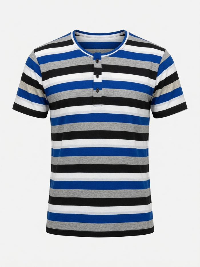 Men's Blue Striped Button Henley T-Shirt