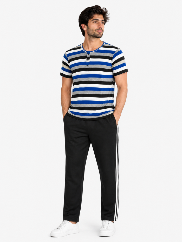 Men's Blue Striped Button Henley T-Shirt
