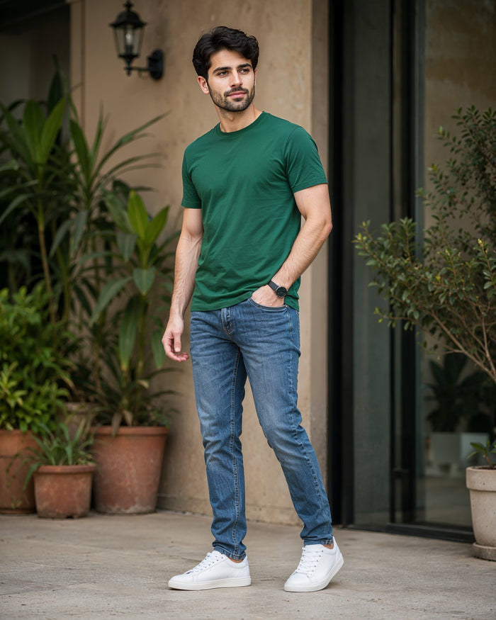 Men's Forest Green Cotton Crew Neck Half Sleeve T-Shirt