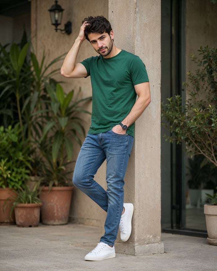 Men's Forest Green Cotton Crew Neck Half Sleeve T-Shirt