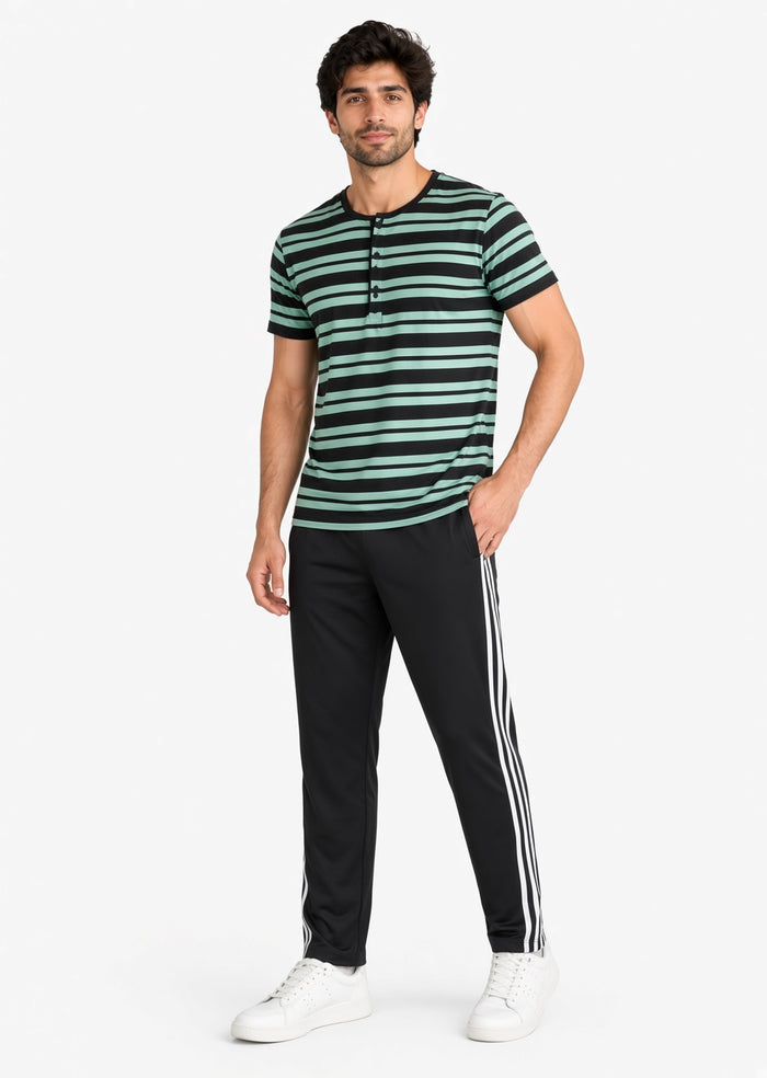 Men's Green Striped Button Henley T-Shirt