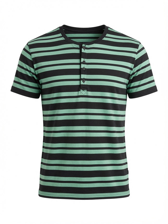Men's Green Striped Button Henley T-Shirt