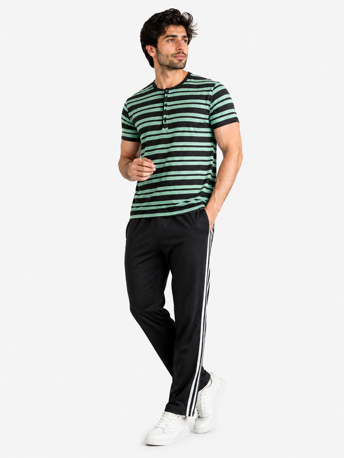 Men's Green Striped Button Henley T-Shirt