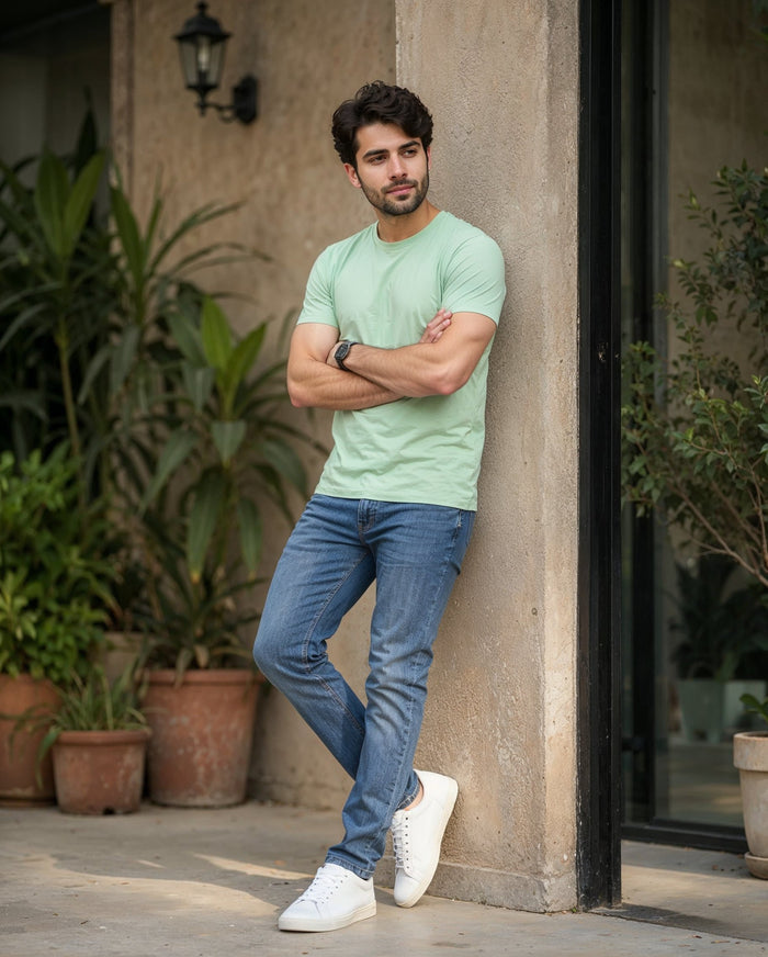 Men's Mint Green Cotton Crew Neck Half Sleeve T-Shirt