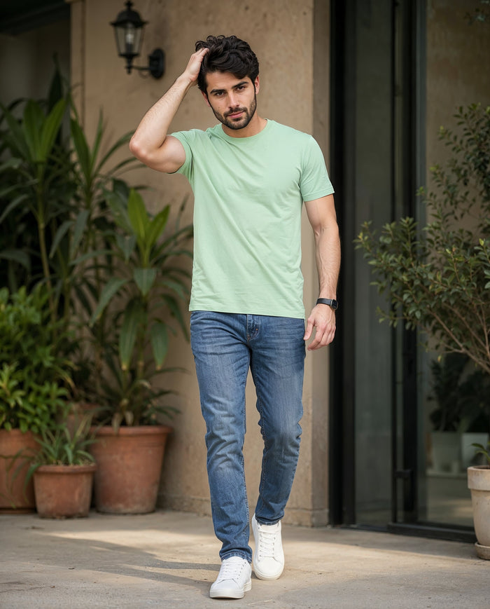 Men's Mint Green Cotton Crew Neck Half Sleeve T-Shirt