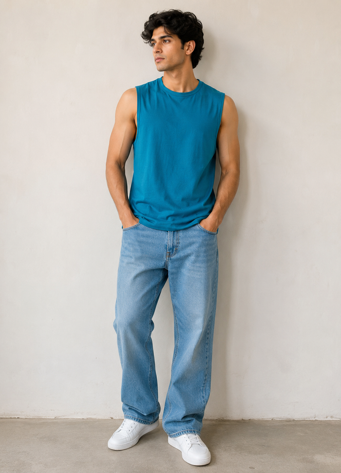 Men's Teal Muscle Fit Sleeveless T-Shirt