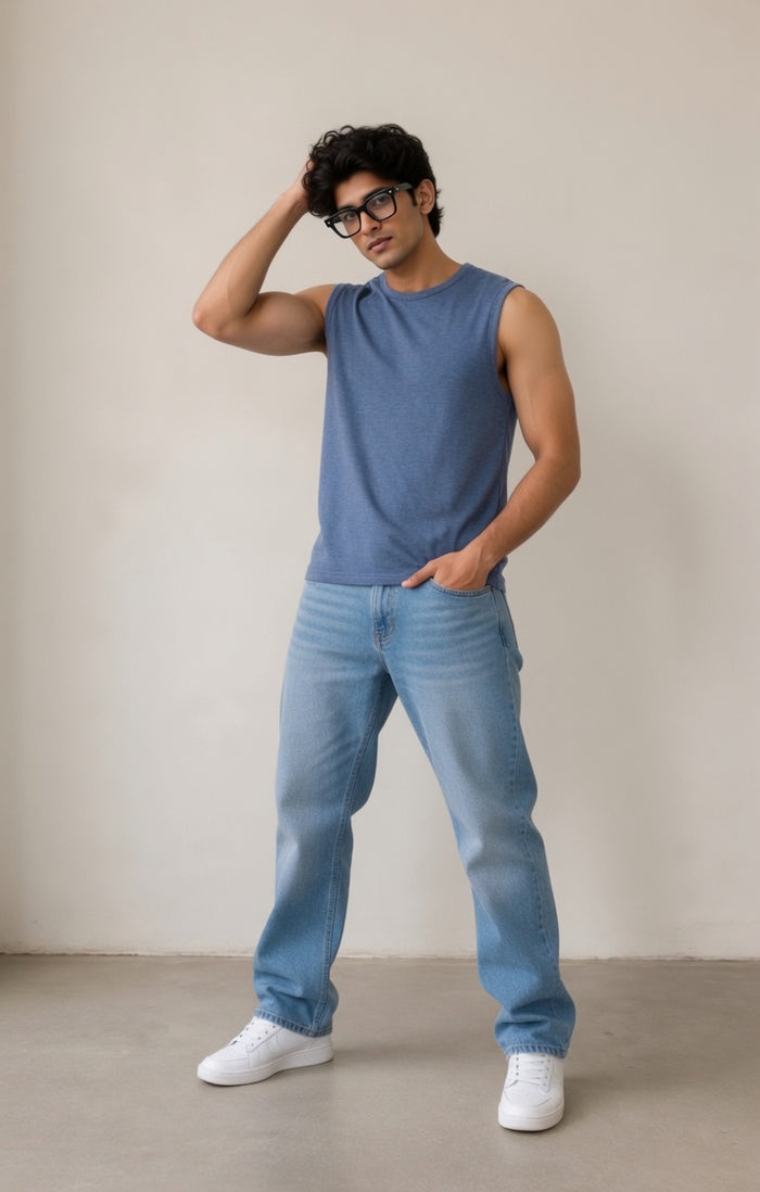 Men's Steal Blue Muscle Fit Sleeveless T-Shirt