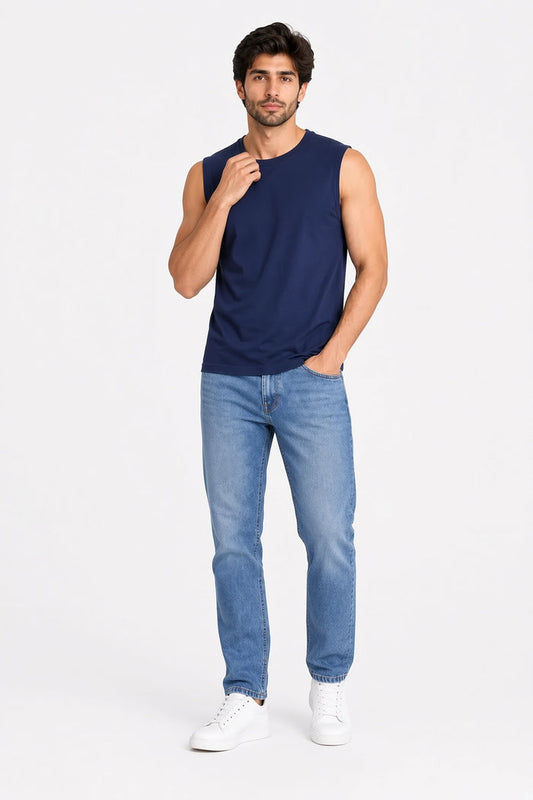 Men's Navy Blue Sleeveless Muscle Fit T-Shirt