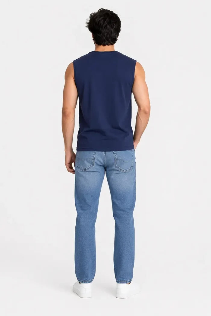 Men's Navy Blue Sleeveless Muscle Fit T-Shirt