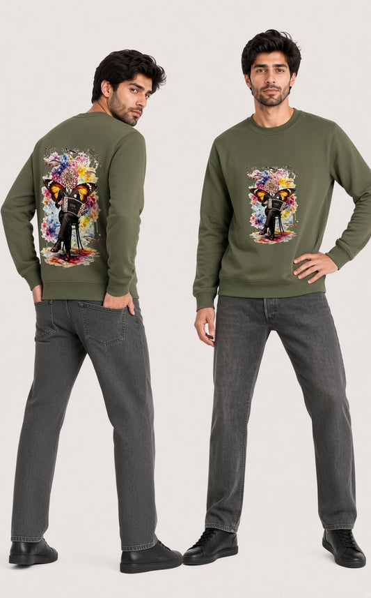 Men’s Premium Olive Green Butterfly Printed Fleece Sweatshirt
