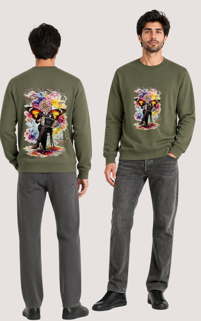 Men’s Premium Olive Green Butterfly Printed Fleece Sweatshirt