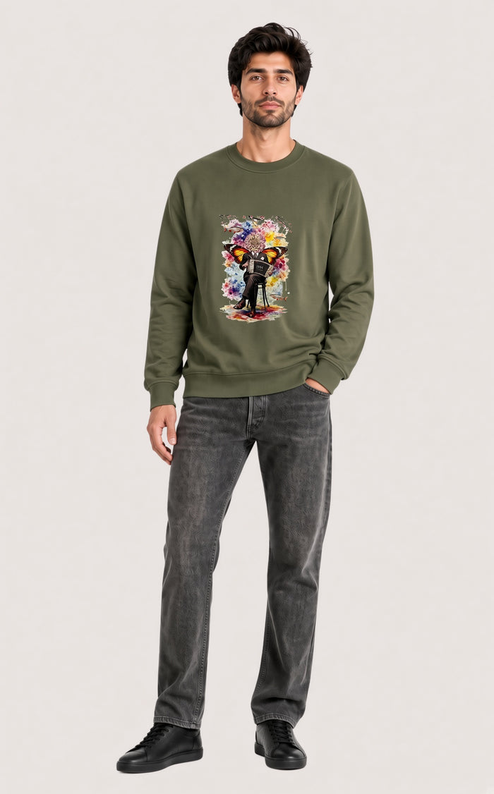 Men’s Premium Olive Green Butterfly Printed Fleece Sweatshirt