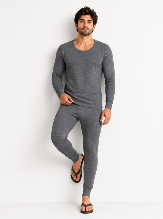Men's Premium Wool Blended Inner Thermal Shirt & Trouser Set – Grey Striped