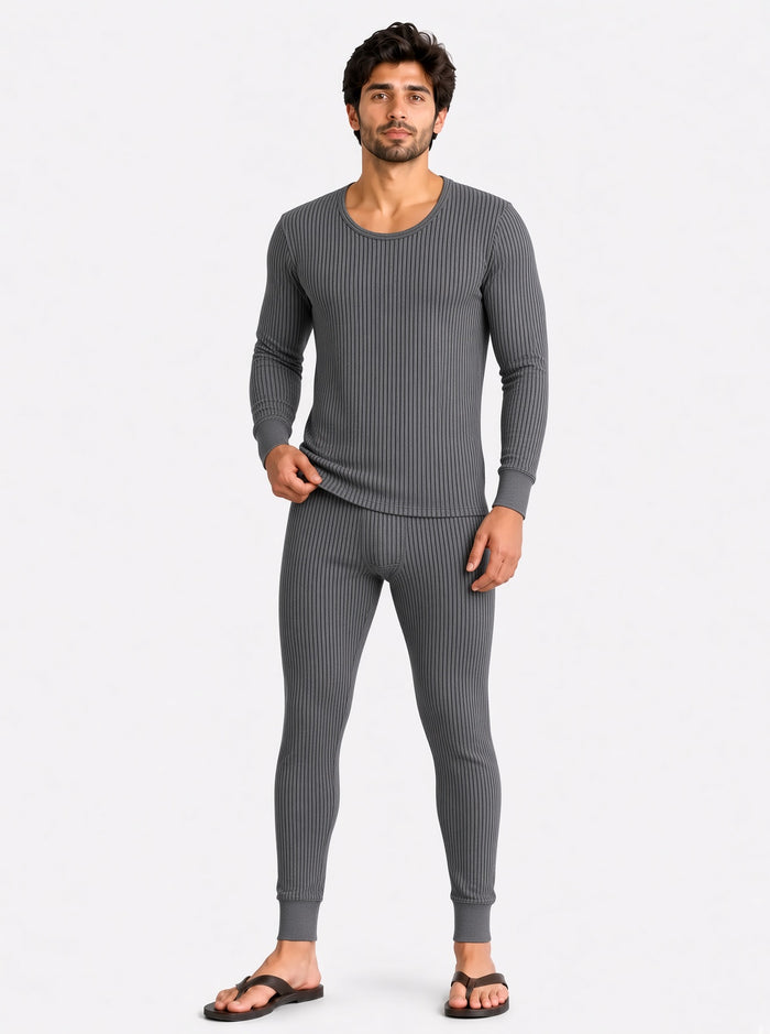 Men's Premium Wool Blended Inner Thermal Shirt & Trouser Set – Grey Striped