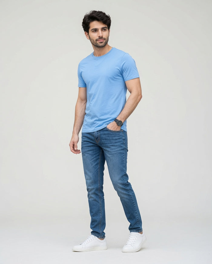 Men's Sky Blue Cotton Crew Neck Half Sleeve T-Shirt