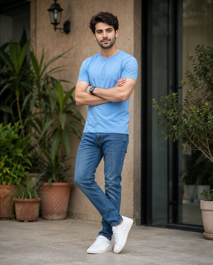 Men's Sky Blue Cotton Crew Neck Half Sleeve T-Shirt