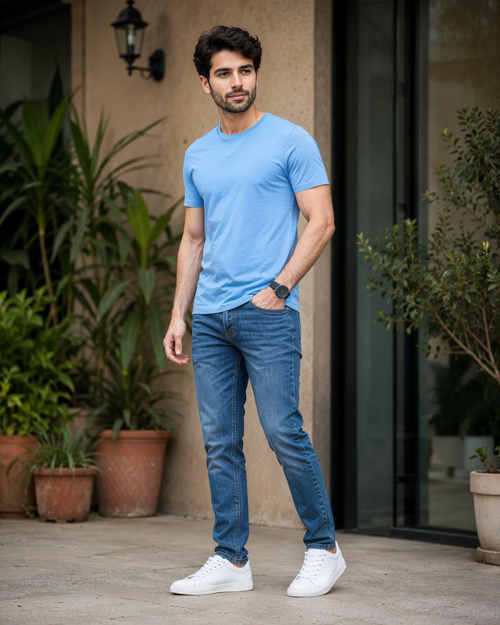 Men's Sky Blue Cotton Crew Neck Half Sleeve T-Shirt