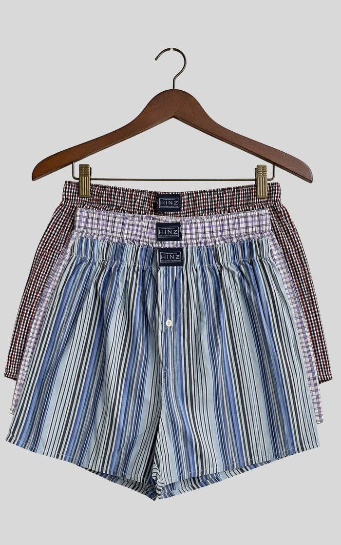 Men's Woven Cotton Boxer Shorts Pack OF -3 Blue Striped & Check