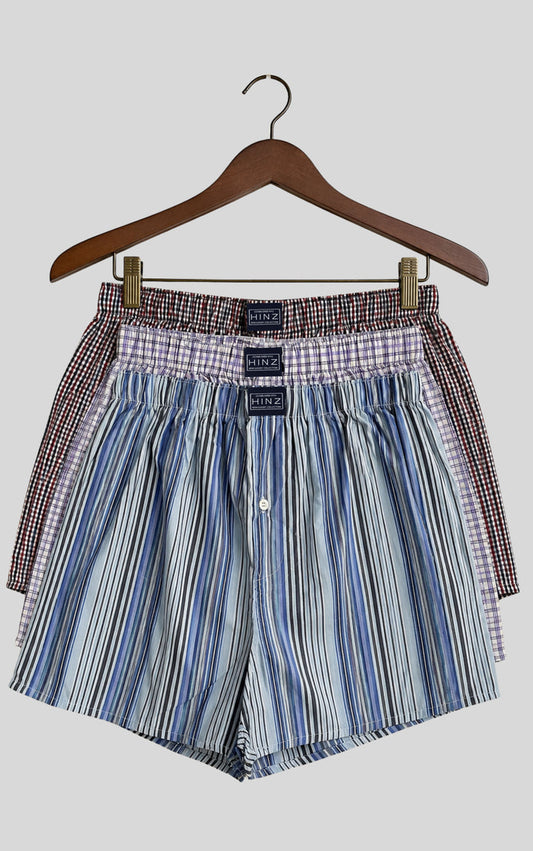 Men's Woven Cotton Boxer Shorts Pack OF -3 Blue Striped & Check