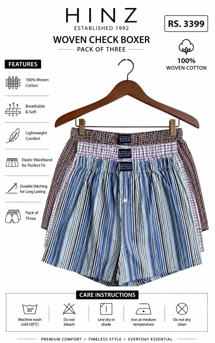 Men’s Cotton Woven Check Boxers – 3 Pack - Hinz Clothing