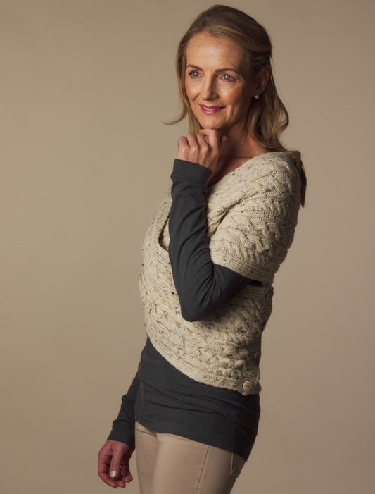 Merino Aran Cable Crossover Wrap with Buttons - Aran Nep #color_aran-nep