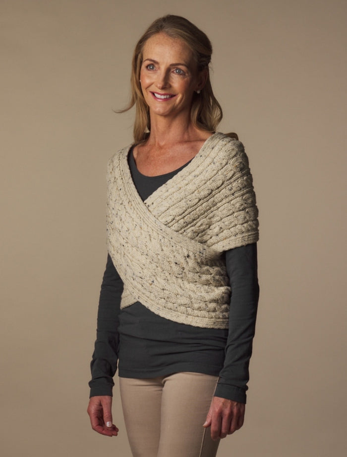 Merino Aran Cable Crossover Wrap with Buttons - Aran Nep #color_aran-nep
