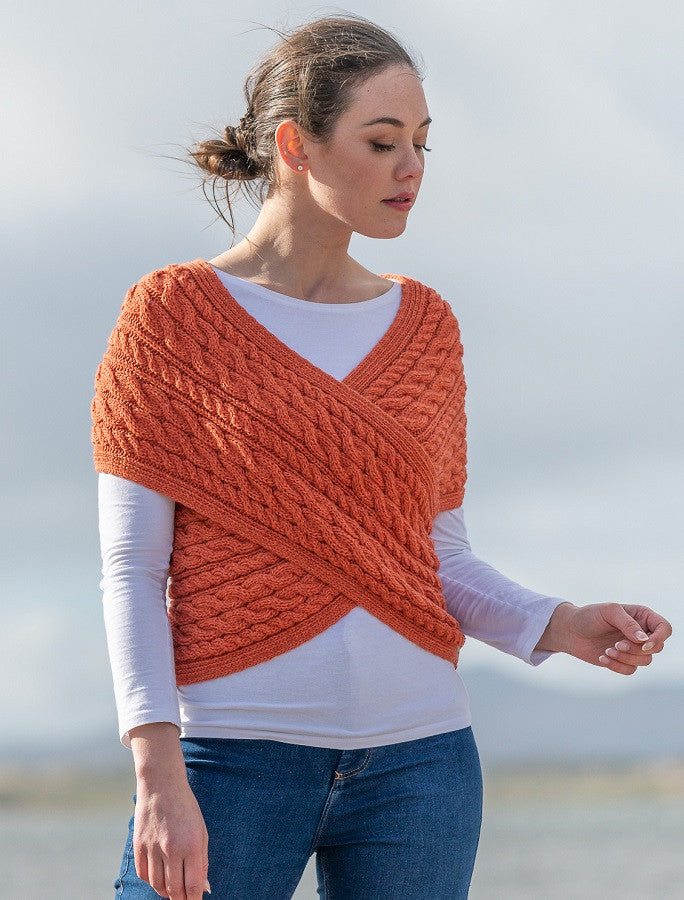 Merino Aran Cable Crossover Wrap with Buttons - Autumn Leaf #color_autumn-leaf