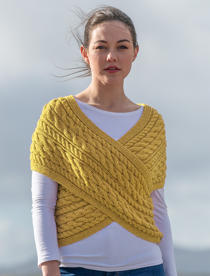 Merino Aran Cable Crossover Wrap with Buttons - Sunflower Yellow #color_sunflower-yellow