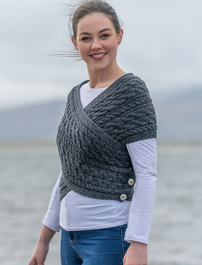 Merino Aran Cable Crossover Wrap with Buttons - Derby Grey #color_derby-grey