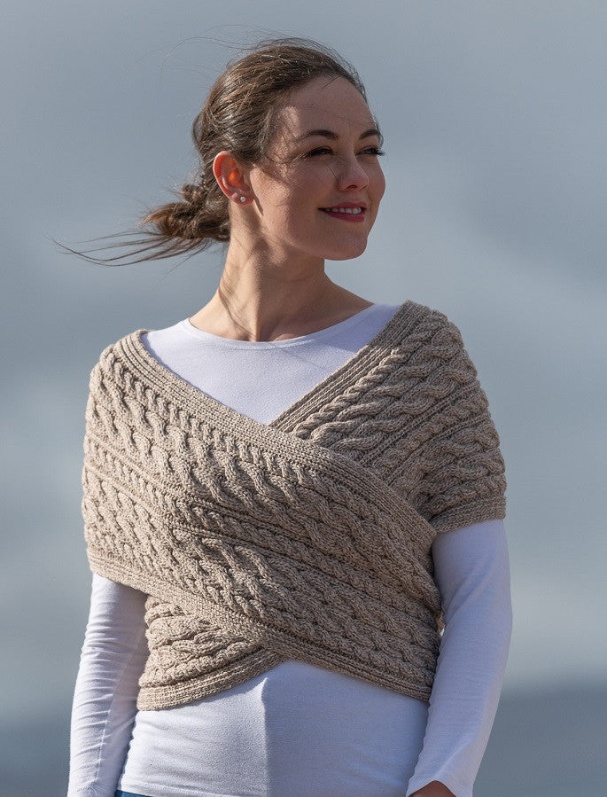 Merino Aran Cable Crossover Wrap with Buttons - Wicker #color_wicker