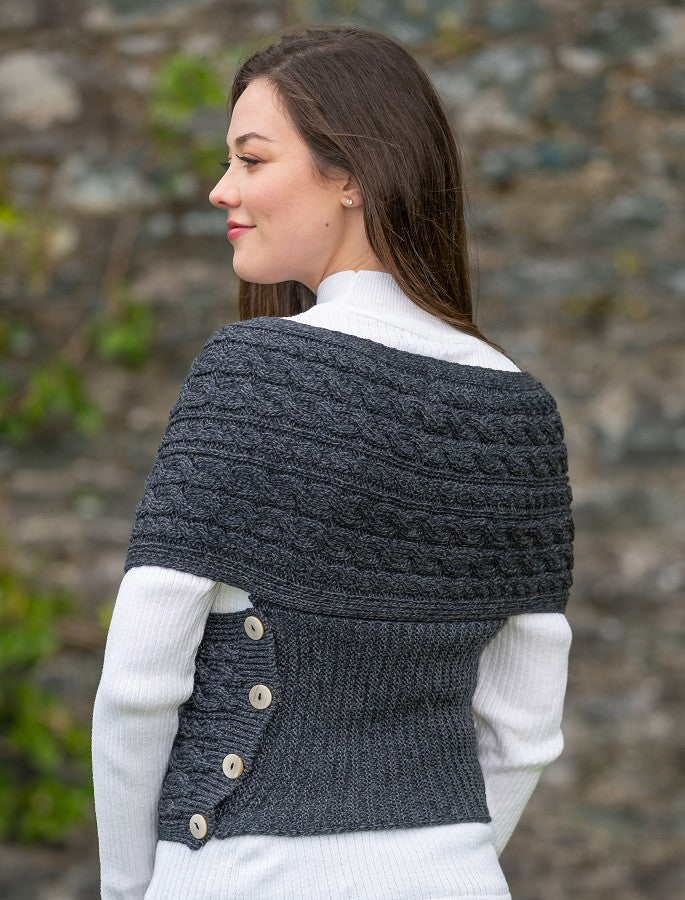 Merino Aran Cable Crossover Wrap with Buttons - Derby Grey #color_derby-grey