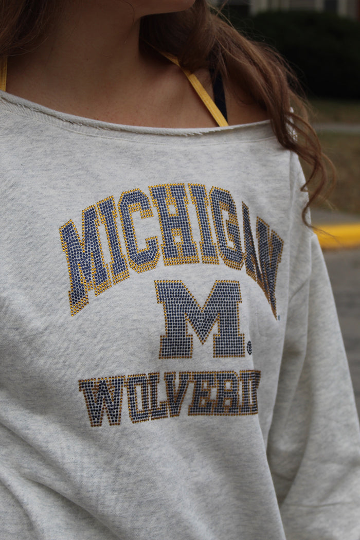 Michigan Rhinestone Off Shoulder Crew