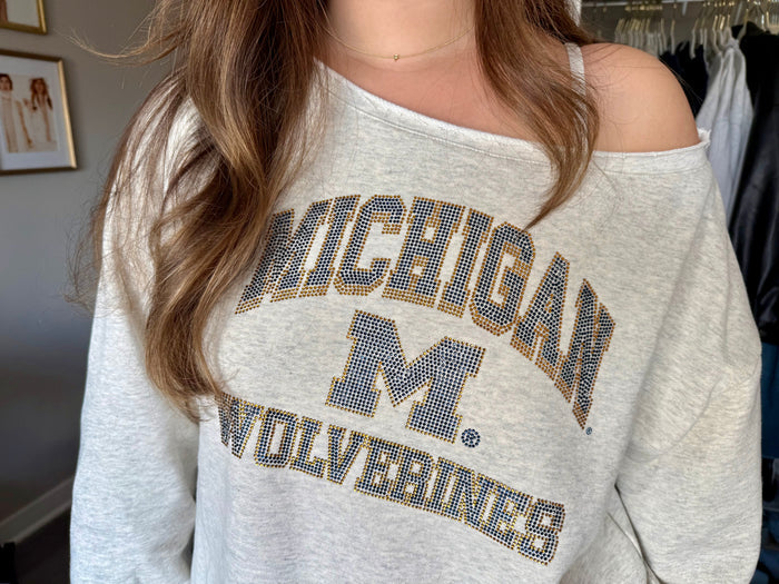 Michigan Rhinestone Off Shoulder Crew