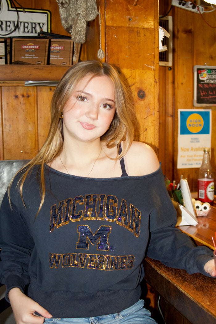 Michigan Rhinestones Crop Off Shoulder Crew