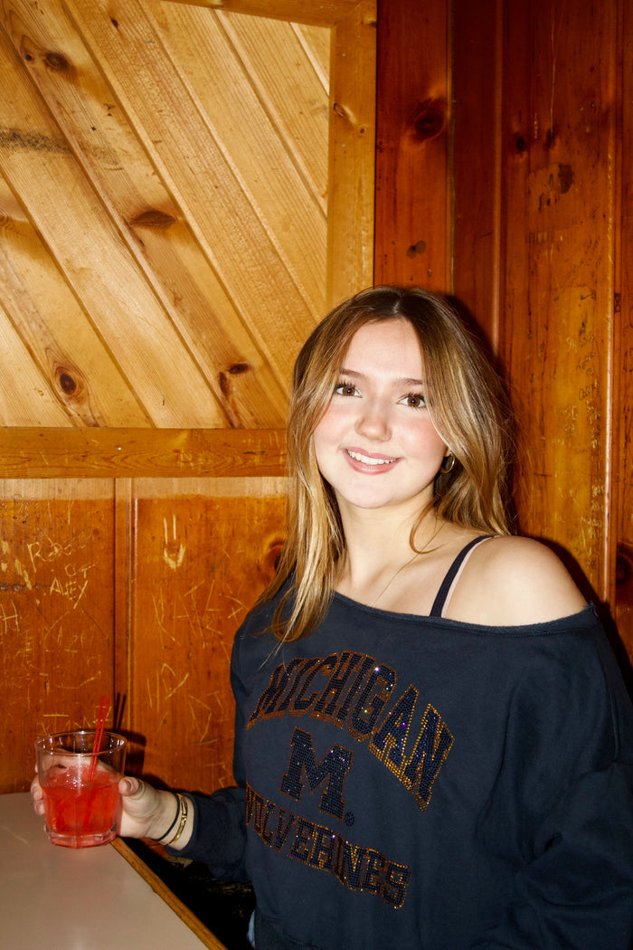 Michigan Rhinestones Crop Off Shoulder Crew